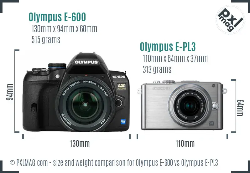Olympus E-600 vs Olympus E-PL3 size comparison