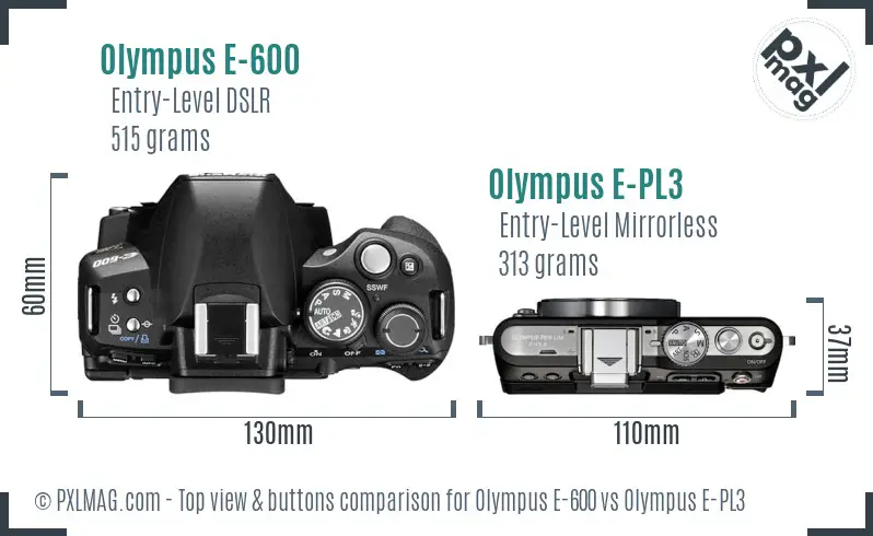 Olympus E-600 vs Olympus E-PL3 top view buttons comparison
