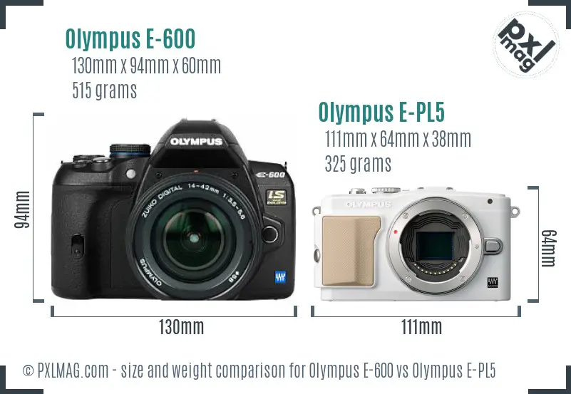 Olympus E-600 vs Olympus E-PL5 size comparison