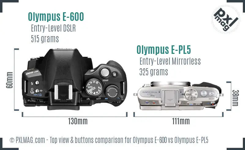 Olympus E-600 vs Olympus E-PL5 top view buttons comparison