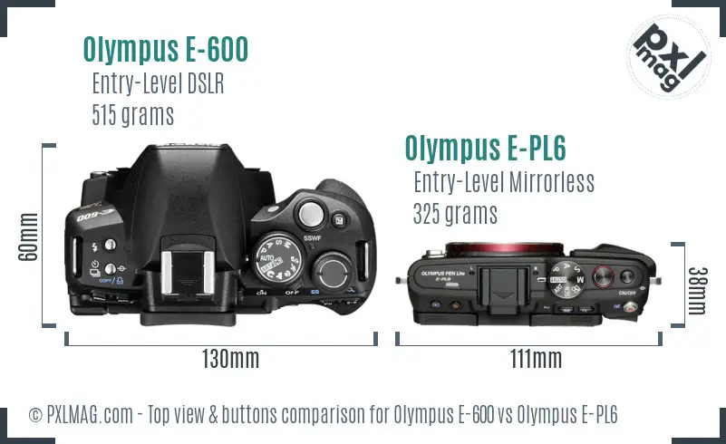 Olympus E-600 vs Olympus E-PL6 top view buttons comparison