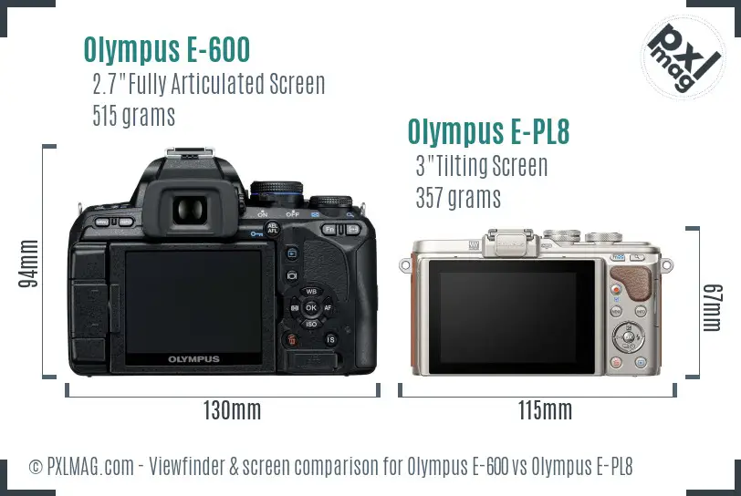 Olympus E-600 vs Olympus E-PL8 Screen and Viewfinder comparison