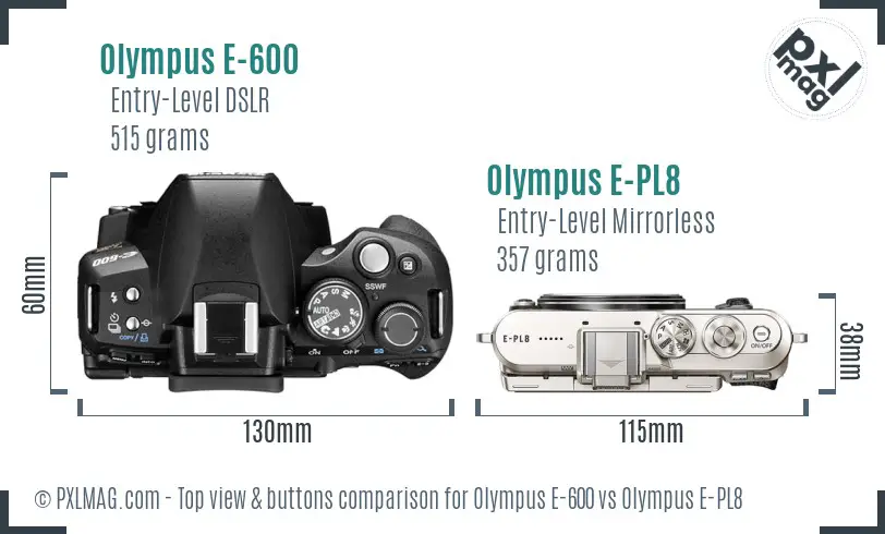 Olympus E-600 vs Olympus E-PL8 top view buttons comparison