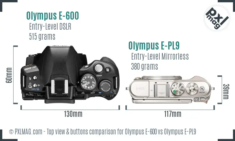 Olympus E-600 vs Olympus E-PL9 top view buttons comparison