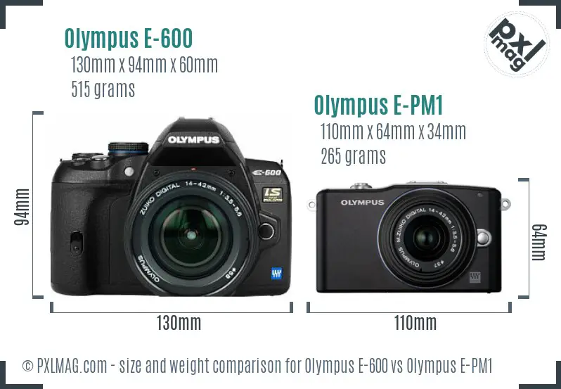 Olympus E-600 vs Olympus E-PM1 size comparison