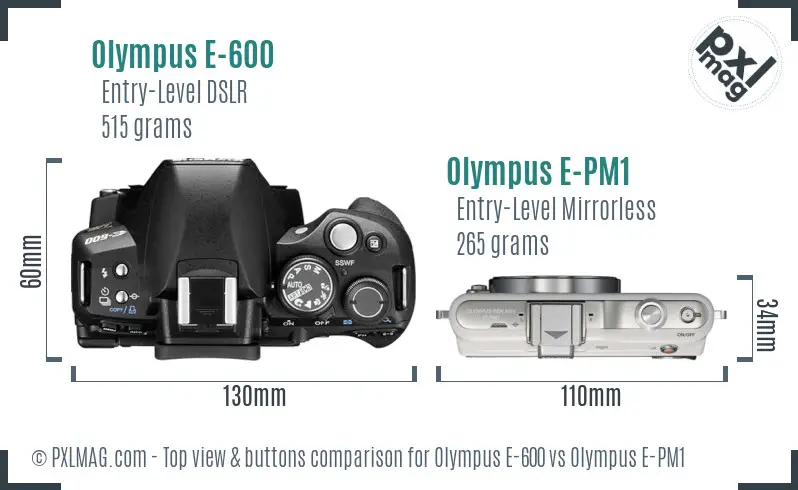 Olympus E-600 vs Olympus E-PM1 top view buttons comparison