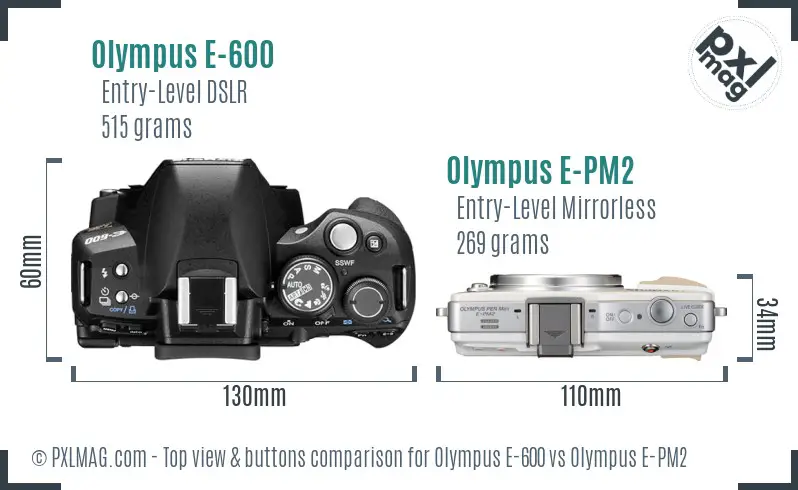 Olympus E-600 vs Olympus E-PM2 top view buttons comparison
