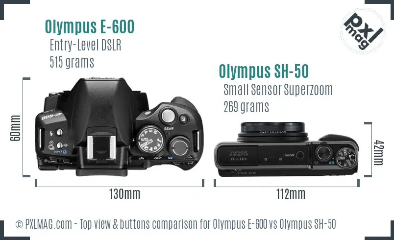 Olympus E-600 vs Olympus SH-50 top view buttons comparison