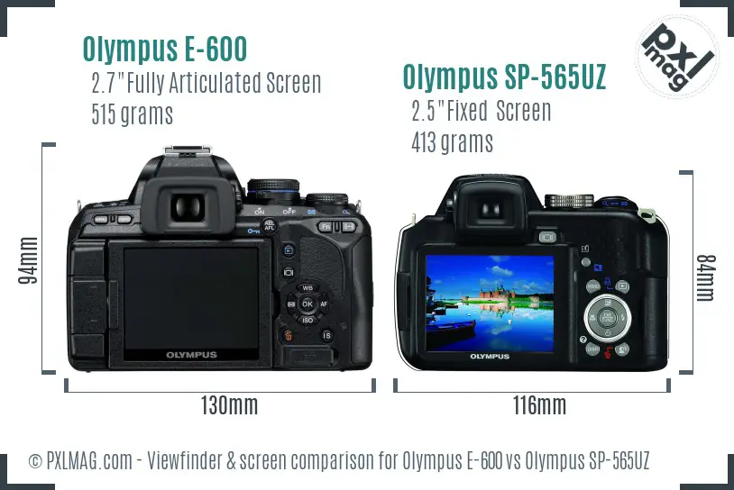 Olympus E-600 vs Olympus SP-565UZ Screen and Viewfinder comparison