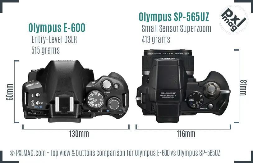 Olympus E-600 vs Olympus SP-565UZ top view buttons comparison