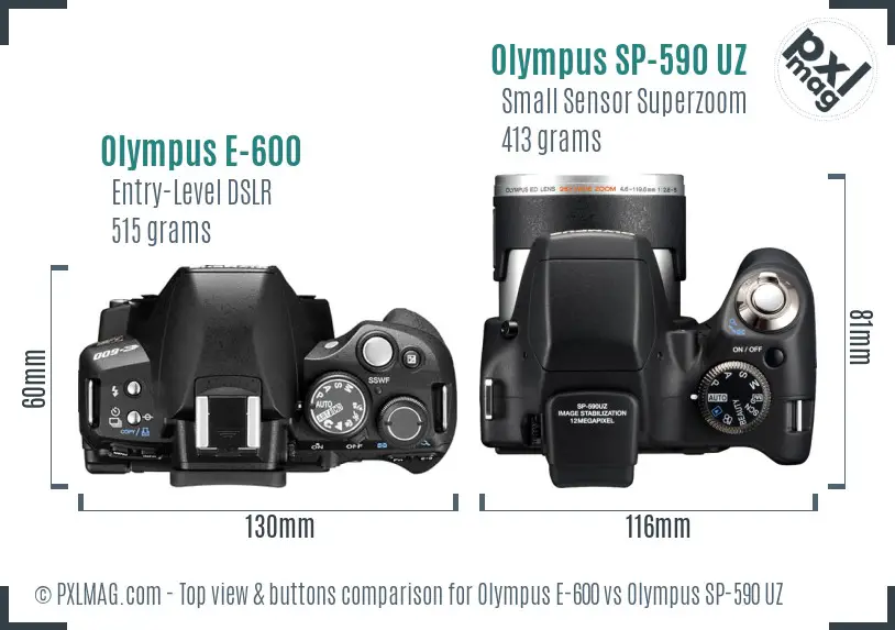 Olympus E-600 vs Olympus SP-590 UZ top view buttons comparison