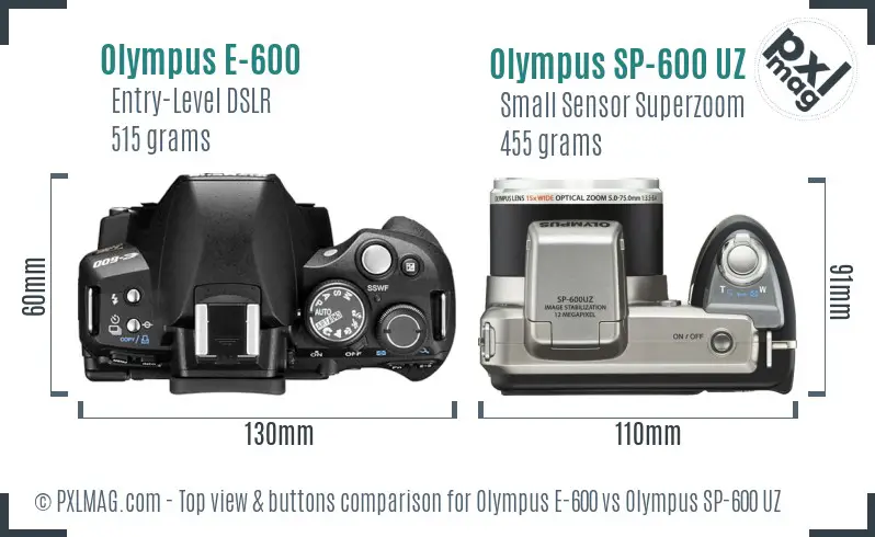 Olympus E-600 vs Olympus SP-600 UZ top view buttons comparison
