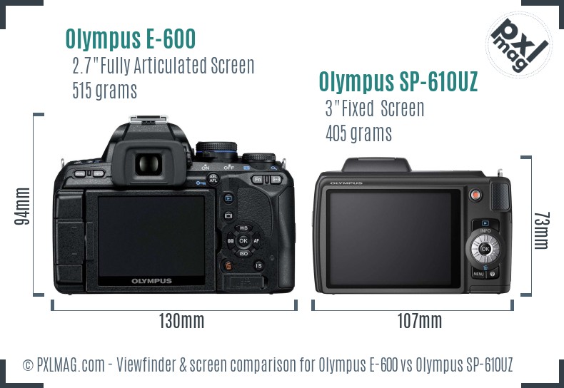Olympus E-600 vs Olympus SP-610UZ Screen and Viewfinder comparison