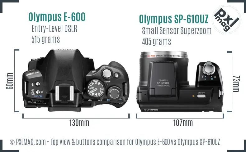 Olympus E-600 vs Olympus SP-610UZ top view buttons comparison
