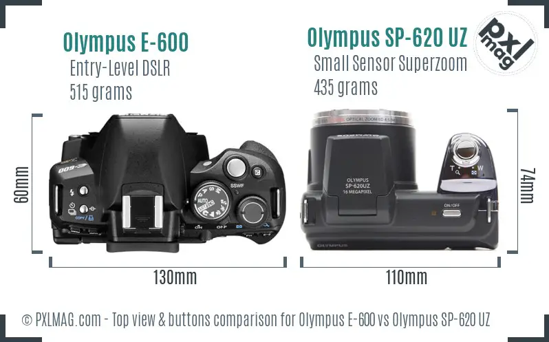 Olympus E-600 vs Olympus SP-620 UZ top view buttons comparison