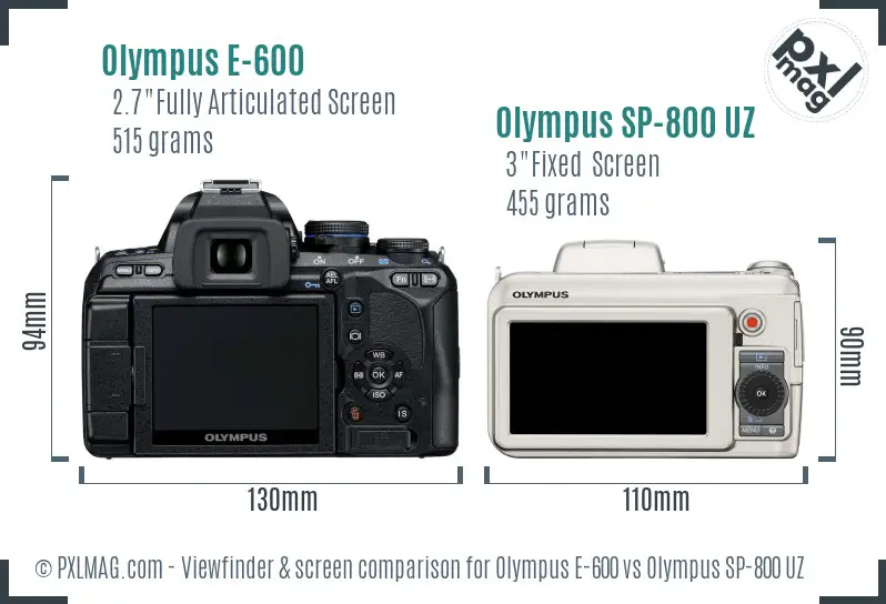 Olympus E-600 vs Olympus SP-800 UZ Screen and Viewfinder comparison