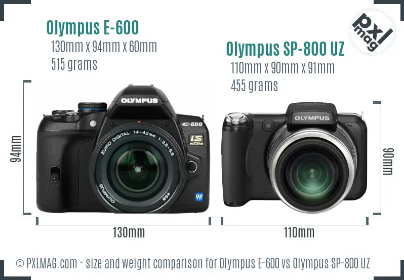 Olympus E-600 vs Olympus SP-800 UZ size comparison