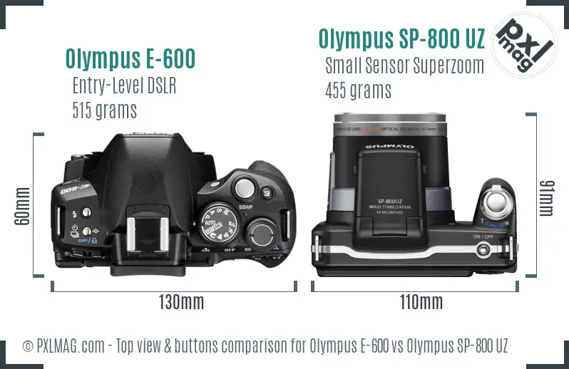 Olympus E-600 vs Olympus SP-800 UZ top view buttons comparison