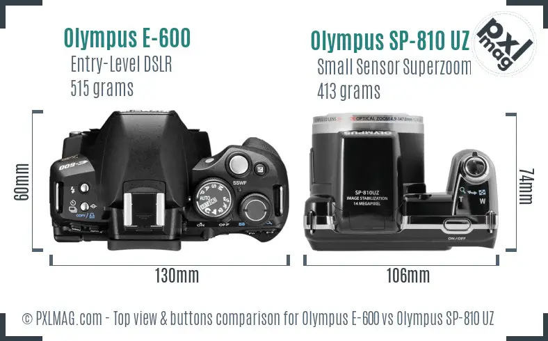 Olympus E-600 vs Olympus SP-810 UZ top view buttons comparison