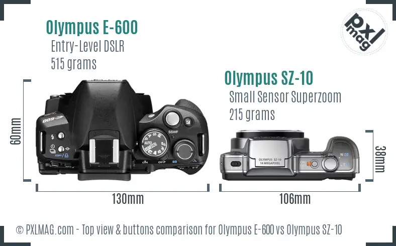 Olympus E-600 vs Olympus SZ-10 top view buttons comparison