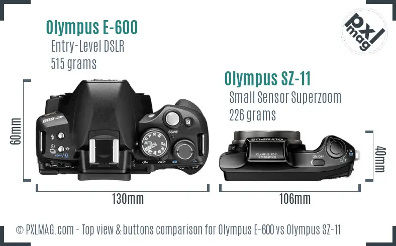 Olympus E-600 vs Olympus SZ-11 top view buttons comparison