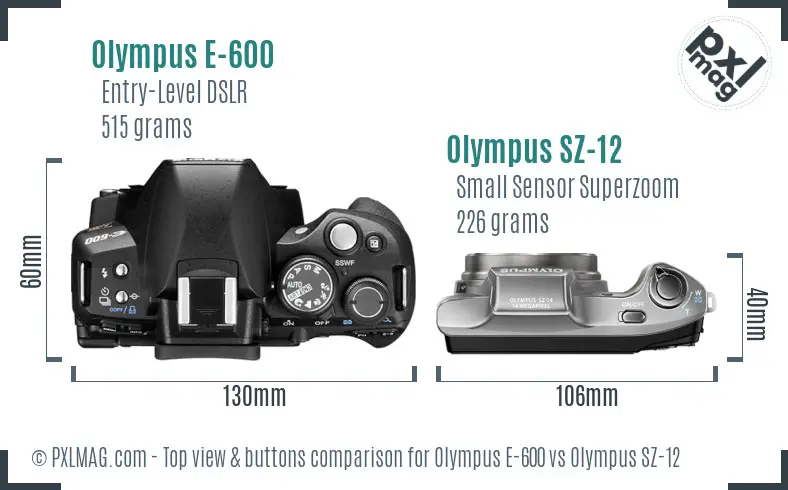 Olympus E-600 vs Olympus SZ-12 top view buttons comparison