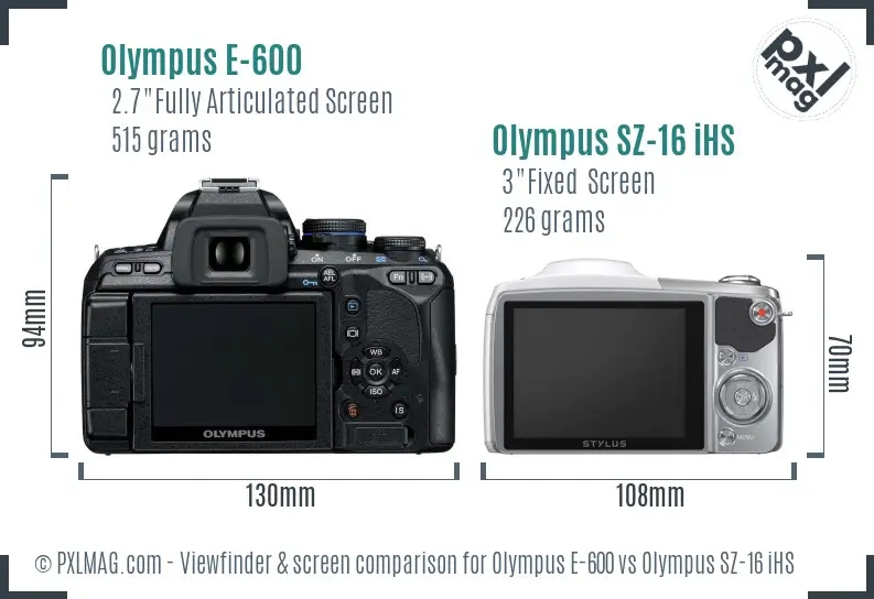 Olympus E-600 vs Olympus SZ-16 iHS Screen and Viewfinder comparison