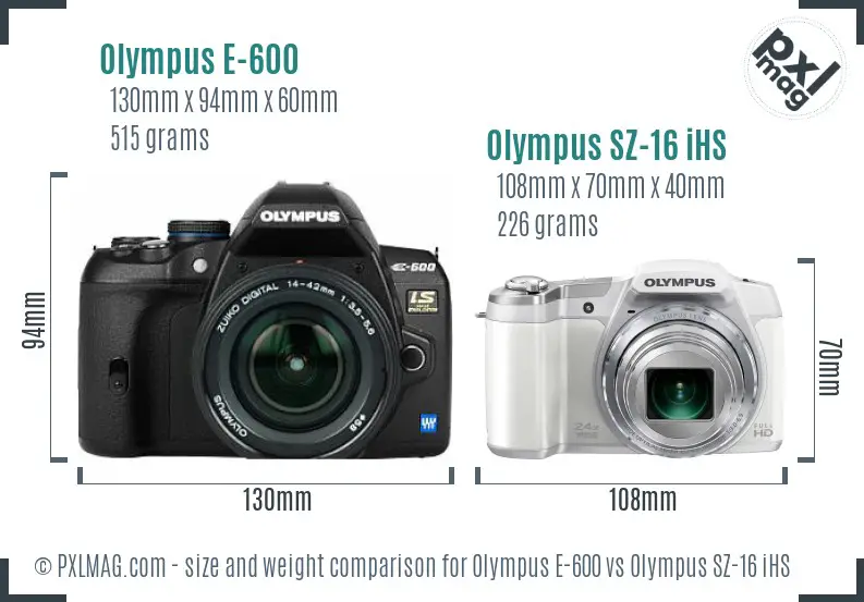 Olympus E-600 vs Olympus SZ-16 iHS size comparison
