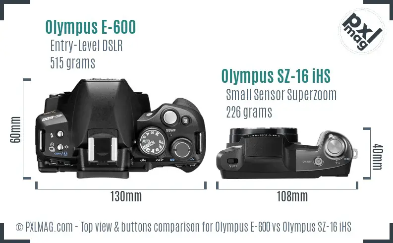 Olympus E-600 vs Olympus SZ-16 iHS top view buttons comparison