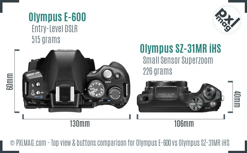 Olympus E-600 vs Olympus SZ-31MR iHS top view buttons comparison