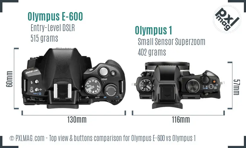 Olympus E-600 vs Olympus 1 top view buttons comparison