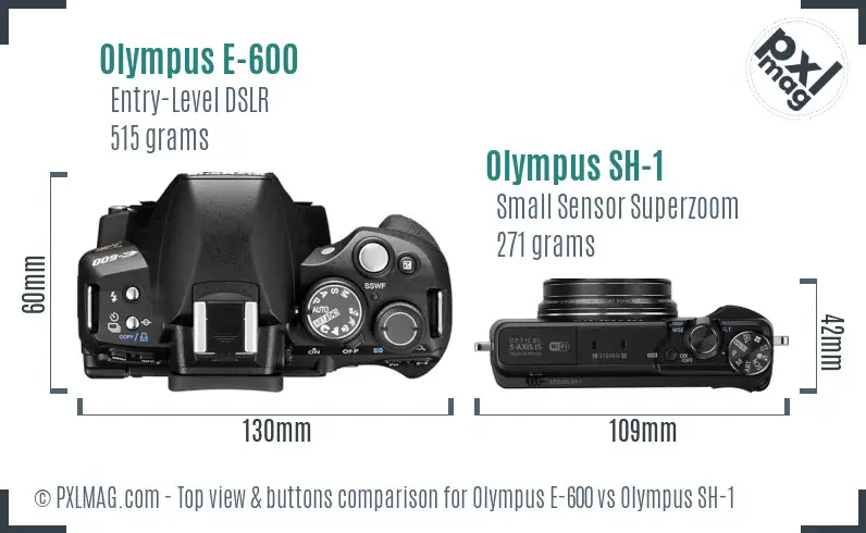 Olympus E-600 vs Olympus SH-1 top view buttons comparison