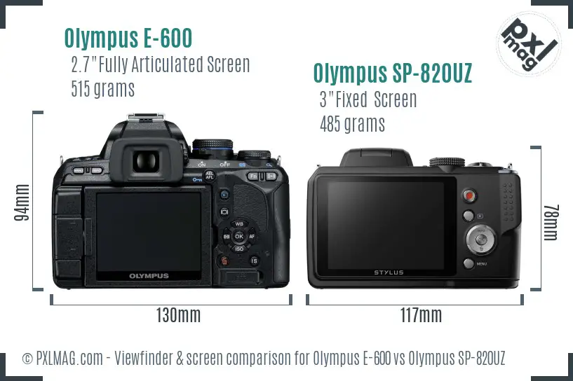 Olympus E-600 vs Olympus SP-820UZ Screen and Viewfinder comparison