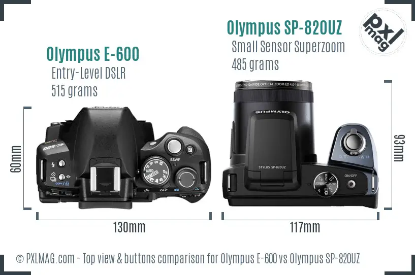 Olympus E-600 vs Olympus SP-820UZ top view buttons comparison