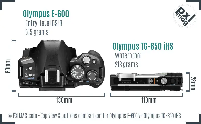 Olympus E-600 vs Olympus TG-850 iHS top view buttons comparison