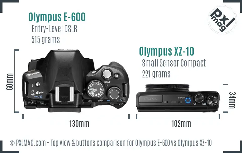 Olympus E-600 vs Olympus XZ-10 top view buttons comparison