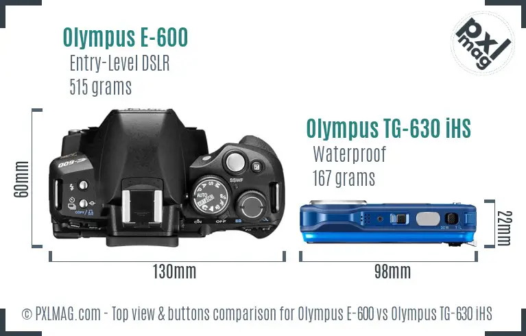 Olympus E-600 vs Olympus TG-630 iHS top view buttons comparison