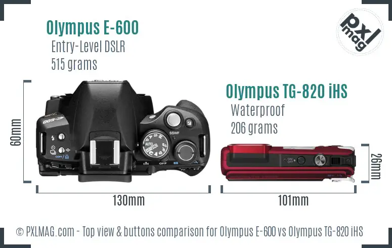 Olympus E-600 vs Olympus TG-820 iHS top view buttons comparison