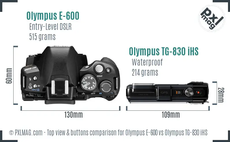 Olympus E-600 vs Olympus TG-830 iHS top view buttons comparison