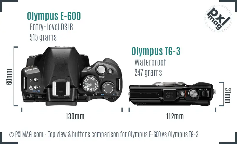 Olympus E-600 vs Olympus TG-3 top view buttons comparison