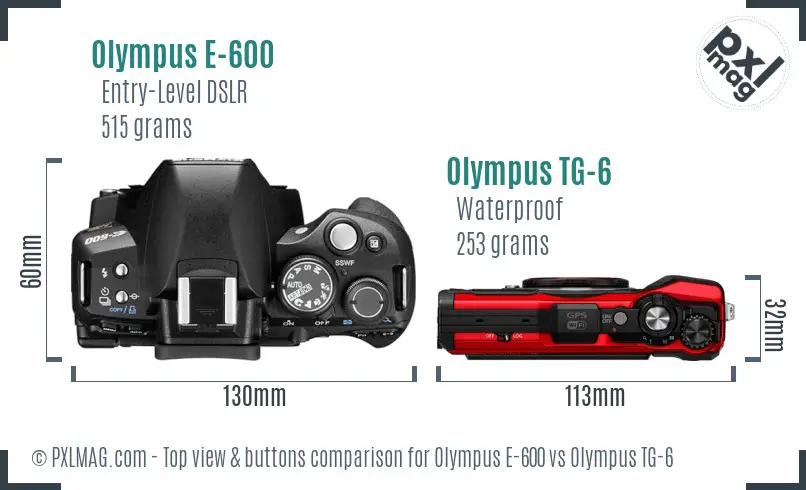 Olympus E-600 vs Olympus TG-6 top view buttons comparison