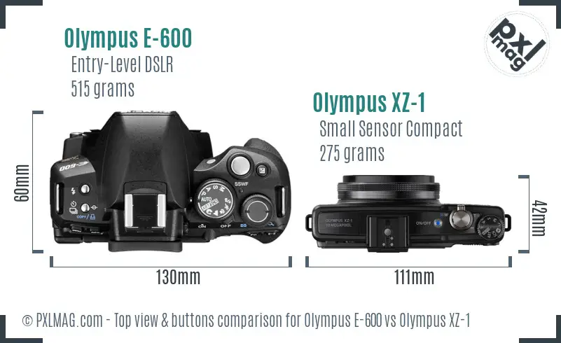 Olympus E-600 vs Olympus XZ-1 top view buttons comparison
