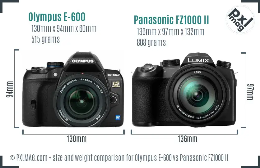 Olympus E-600 vs Panasonic FZ1000 II size comparison