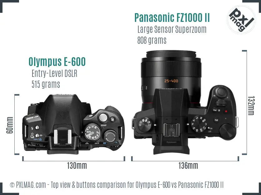 Olympus E-600 vs Panasonic FZ1000 II top view buttons comparison