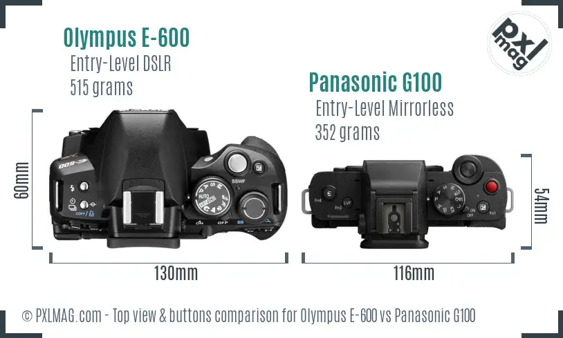 Olympus E-600 vs Panasonic G100 top view buttons comparison
