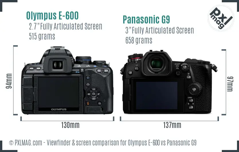 Olympus E-600 vs Panasonic G9 Screen and Viewfinder comparison