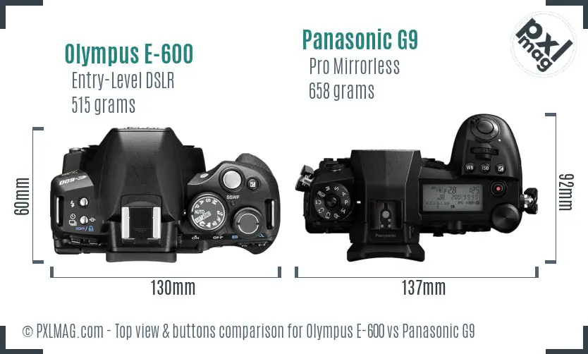 Olympus E-600 vs Panasonic G9 top view buttons comparison