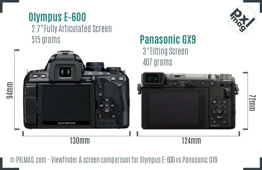 Olympus E-600 vs Panasonic GX9 Screen and Viewfinder comparison
