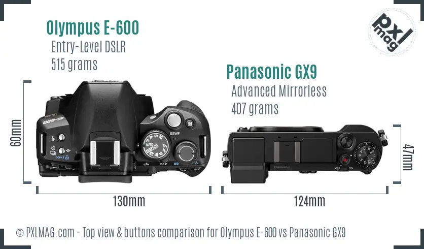 Olympus E-600 vs Panasonic GX9 top view buttons comparison