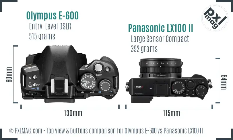 Olympus E-600 vs Panasonic LX100 II top view buttons comparison